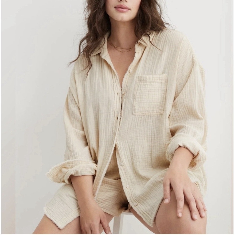 Aerie Pool To Party Cotton Gauze Cover Up Shirt Frayed Boho Beach Oversized XL - Picture 2 of 7